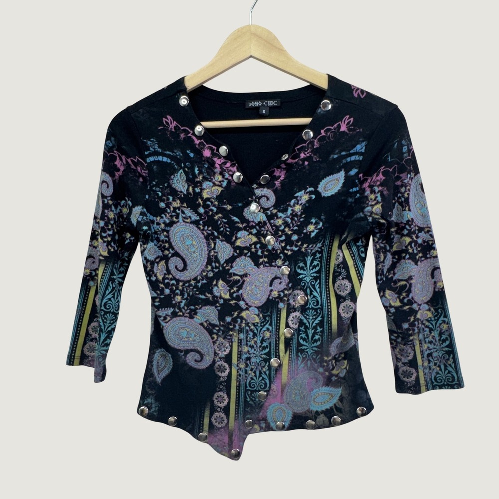 Boho Chic Paisley Snap Button Top Womens Small Black Asymmetric Whimsygoth Indie